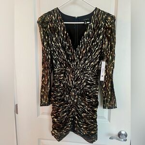 Aqua Metallic Jacquard Puff Long Sleeve V-Neck Mini Dress - black & gold - S